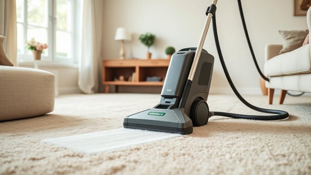 Professional carpet cleaning machine on plush carpet in living room