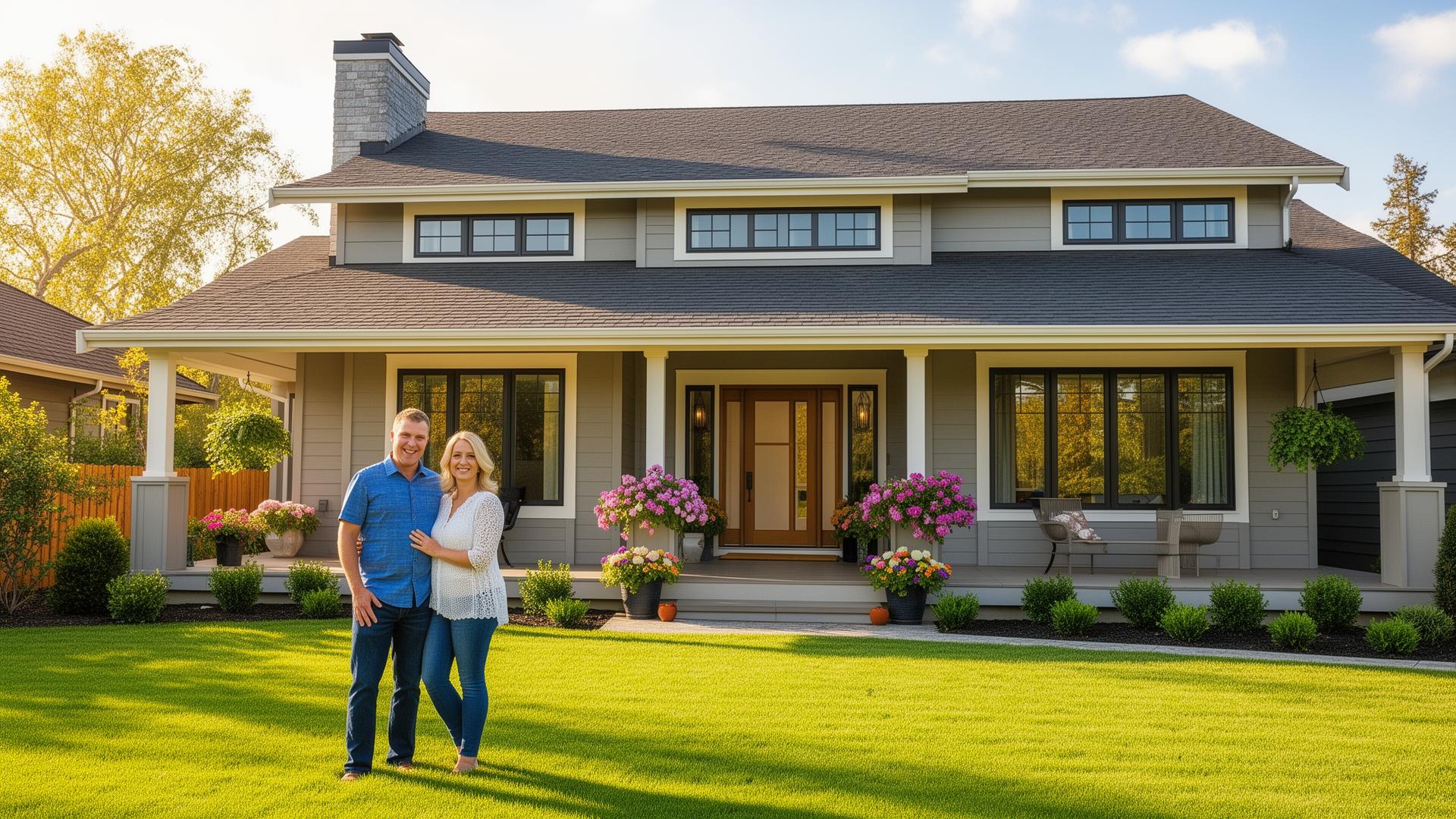 Happy homeowners in front of their clean home