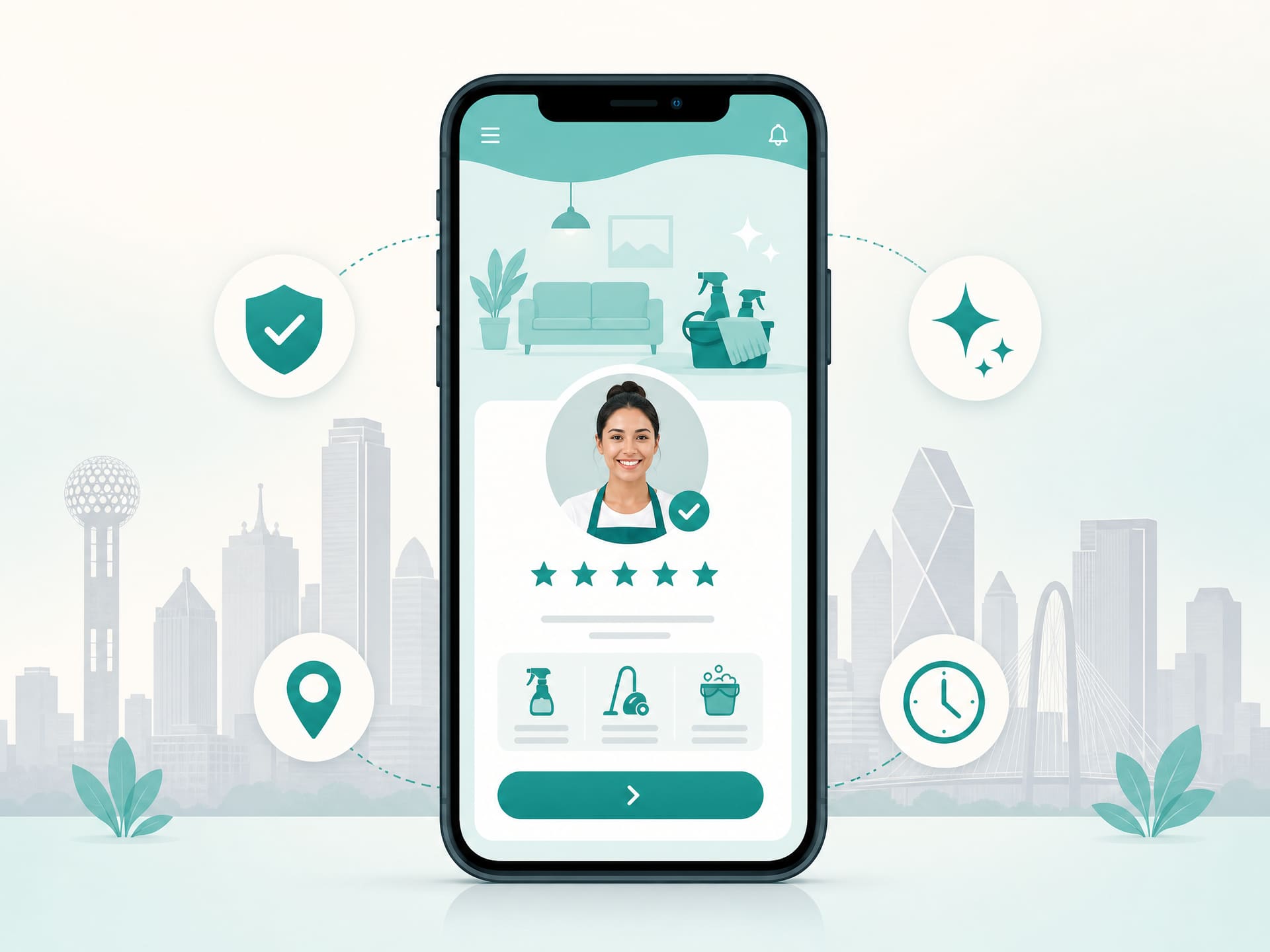 Sweeppa marketplace app showing vetted cleaning providers in Dallas with the Dallas skyline