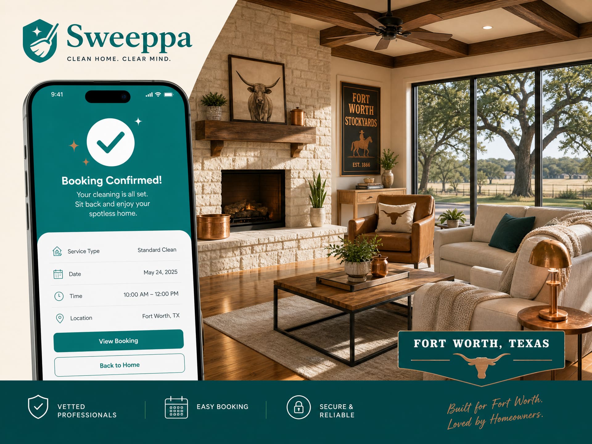 Sweeppa marketplace app showing a booking confirmation for a Fort Worth ranch-style home cleaning