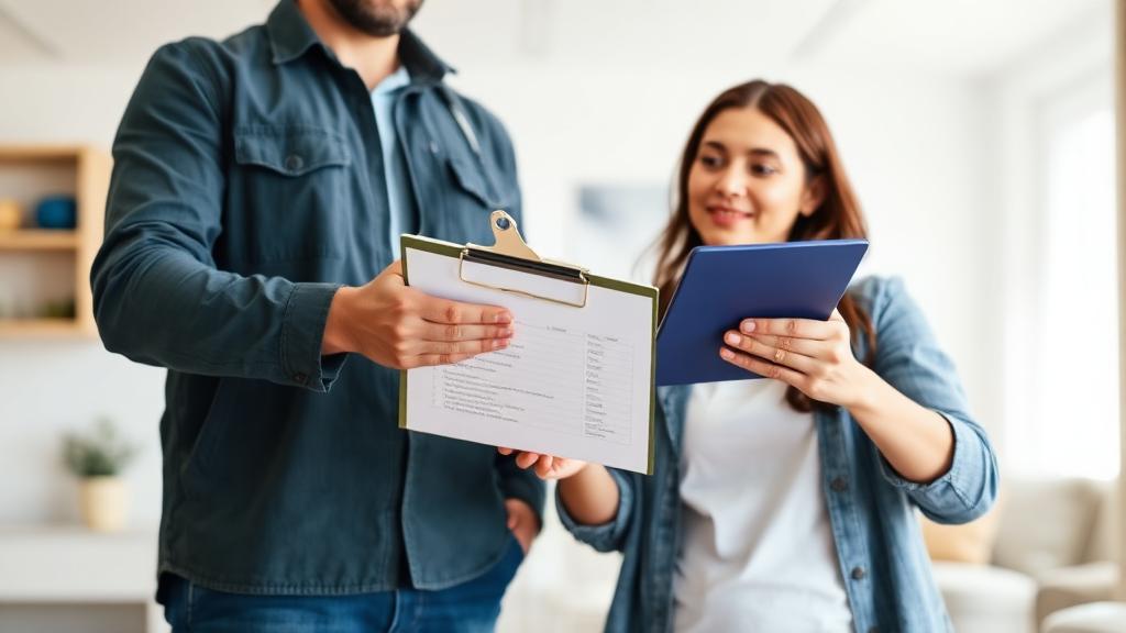 Homeowner reviewing cleaning service checklist with professional