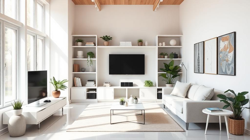 Compact, freshly cleaned DFW apartment living space with tidy minimalist shelves