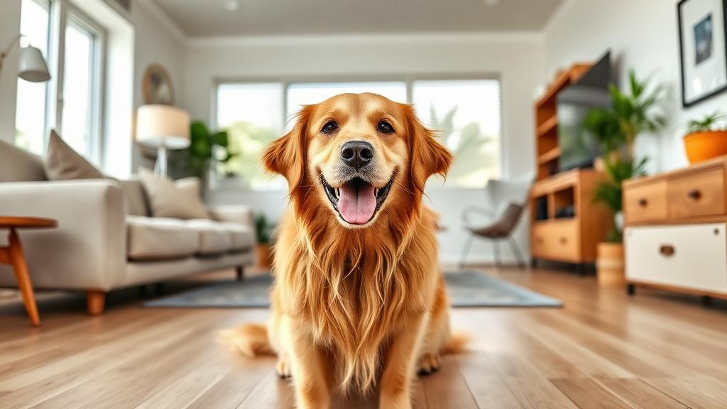 Happy dog in a clean living room