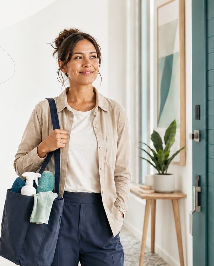 A vetted, identity-verified independent cleaning provider on Sweeppa smiling in the doorway of a bright home, carrying a tote of cleaning supplies.